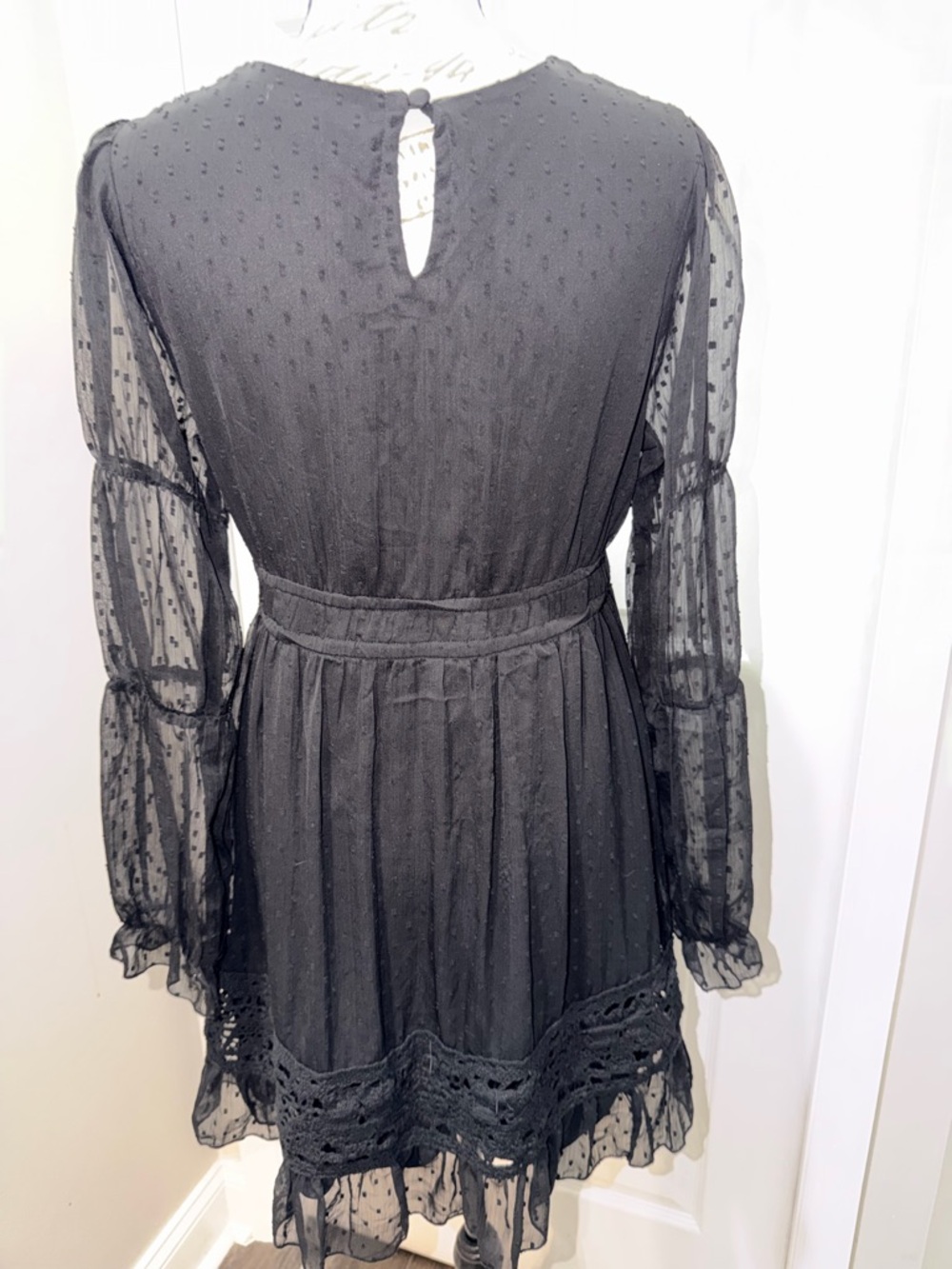 Frille Rose Black Long-Sleeve V-Neck Swiss Dot A-Line Dress - Picture 8 of 12